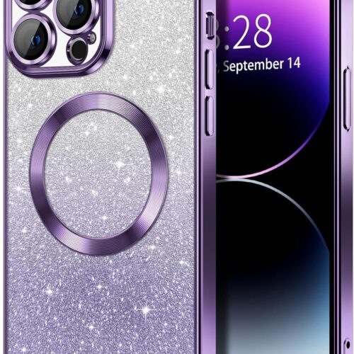 for iPhone 14 Pro Case Clear Magnetic Glitter Phone Cases [Compatible with ] Full Camera Lens Protector Slim Gradient Sparkle Luxury Plating Shockproof Protective Cover Women, Purple