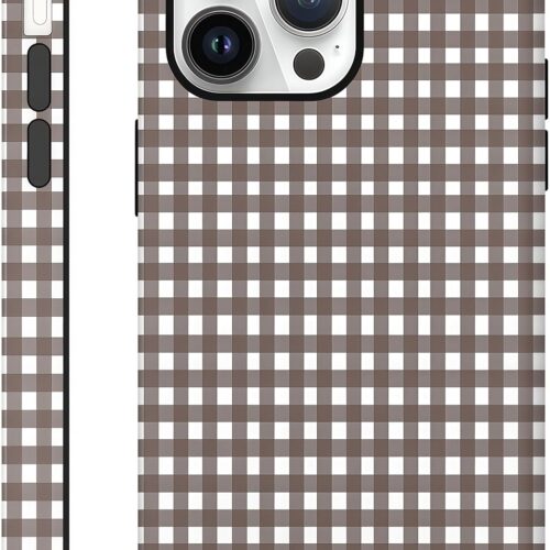 Aesthetic Cases for iPhone 14 Pro Max, Glossy Hybrid 2-Layer Hard Cover, Protective Scratch Resistant Shell, Brown Gingham