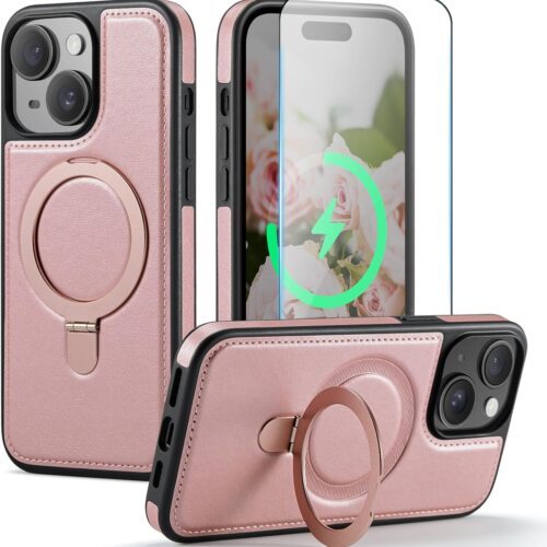 Compatible with iPhone 15 Plus Case with Stand, Compatible with , Slim PU Leather & Durable TPU Plustective Cover Drop-Plusof with Tempered Glass Screen Plustector 6.7", Rose Gold