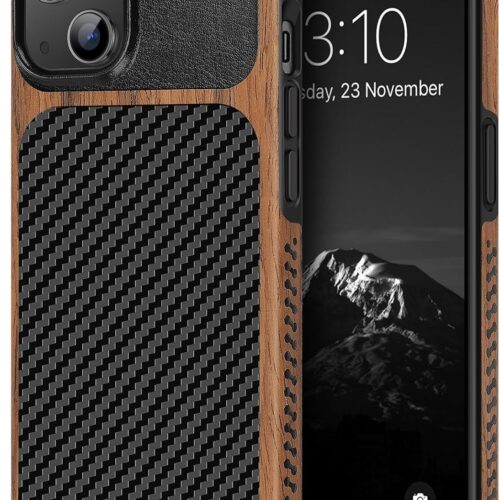 Compatible with iPhone 15 Case Wood Grain with Carbon Fiber Texture Design Leather Hybrid Slim Case (Black)
