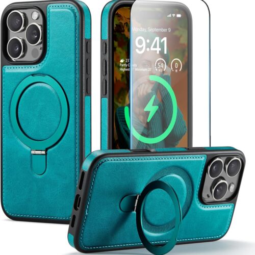 for iPhone 16 Pro Max Case with Stand Compatible with  Slim PU Leather & Rubber Drop Proof Magnetic Kickstand Protective Phone Cover with Tempered Glass Screen Protector 6.9", Green