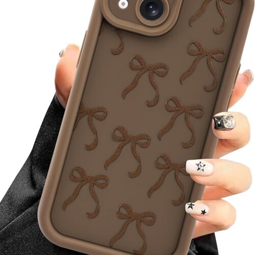 Compatible with iPhone 15 Plus Case, Cute Brown Bow Aesthetic Design for Girls Women Soft Silicone Slim Fit Shockproof Protective Cover