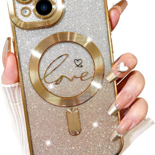 Designed for iPhone 15 Case,Compatible with  Love Heart Plating Camera Protection TPU Magnetic Glitter for Women Girls Shockproof Phone Bumper 6.1"-Gold